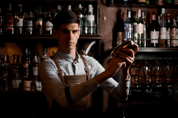 Camarero profesional masculino sosteniendo en las manos una coctelera de acero