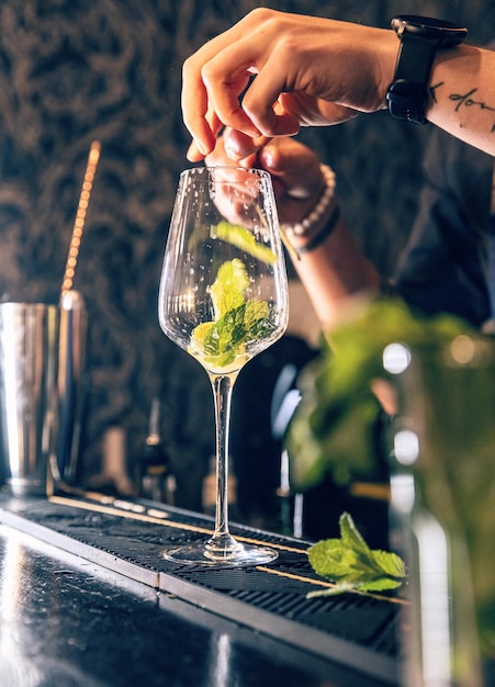 Camarero puso hojas de menta en vaso