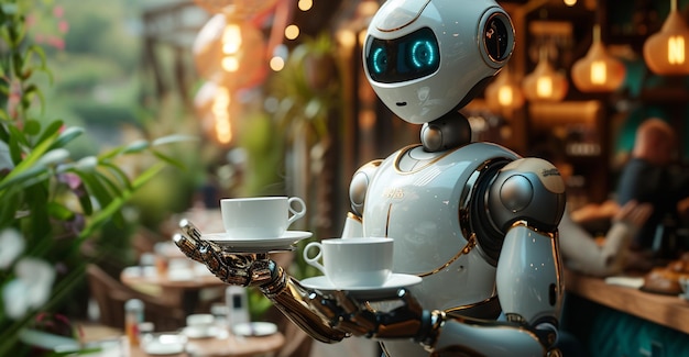 Un camarero robot lleva un café en una cafetería