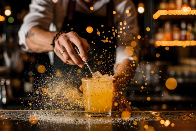 El camarero rociando jugo de naranja en el vaso de cóctel con salpicaduras