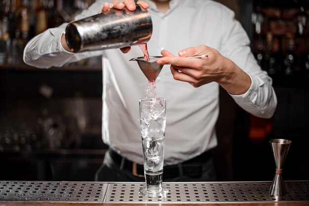 Camarero sirviendo una bebida alcohólica de la coctelera de acero