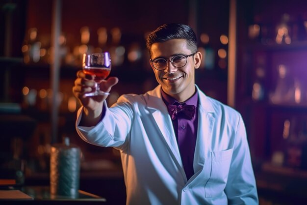 Camarero sofisticado con una bata de laboratorio sosteniendo una copa de brandy