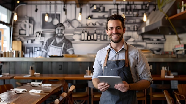 Un camarero sonriente sosteniendo una tableta en un elegante café Interior de un restaurante casual Un joven empresario en el trabajo Servicio amistoso IA