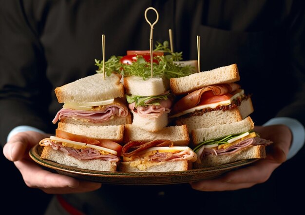 Camarero sosteniendo una bandeja con sándwiches de jamón y pavo en un restauranteAI Generative