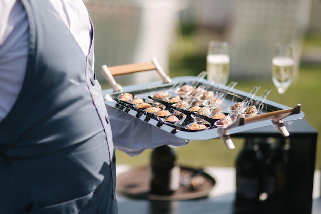 El camarero sostiene la bandeja con tartar de ternera en porciones y samlon Snack al aire libre al atardecer