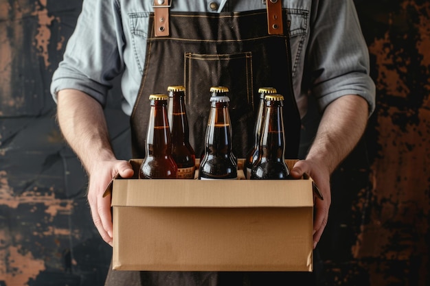 Foto el camarero sostiene una caja abierta de botellas de cerveza para una fiesta de fin de semana