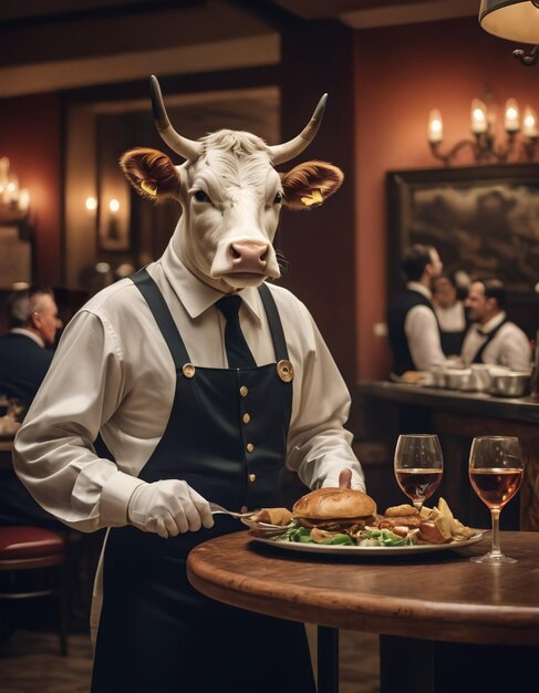 un camarero de toro blanco antropomórfico en un delantal trabaja en un restaurante de moda