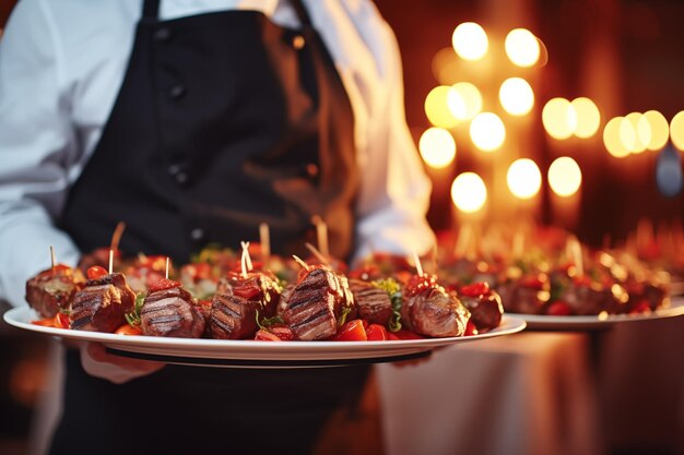 Foto camarero con uniforme que sirve un plato delicioso en un restaurante