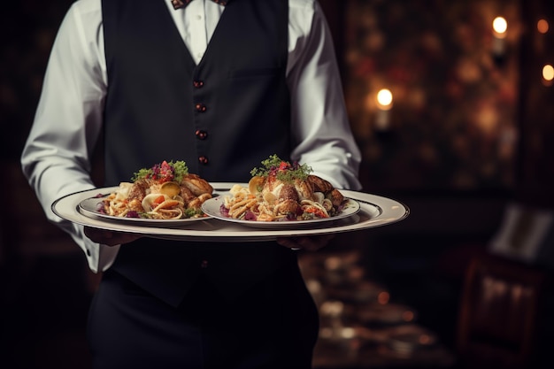 Camarero con uniforme que sirve un plato delicioso en un restaurante