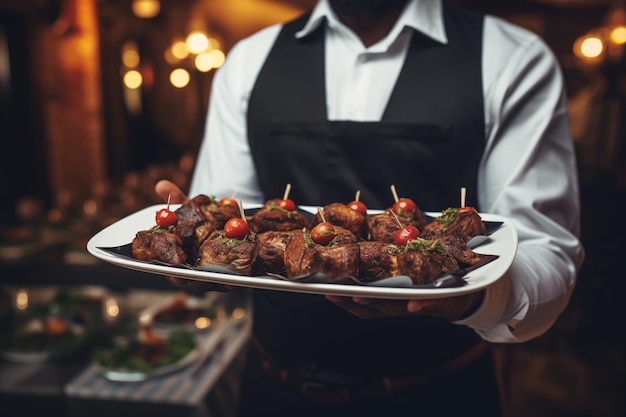 Foto camarero con uniforme que sirve un plato delicioso en un restaurante