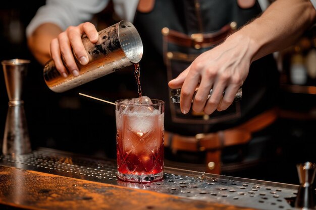 El camarero vertiendo un cóctel en un vaso con hielo en un mostrador de bar se centra en las manos y el sacudidor