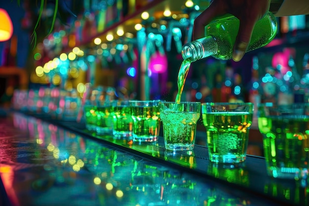 Foto un camarero está vertiendo copas verdes en el mostrador de la barra en un club nocturno luces de colores
