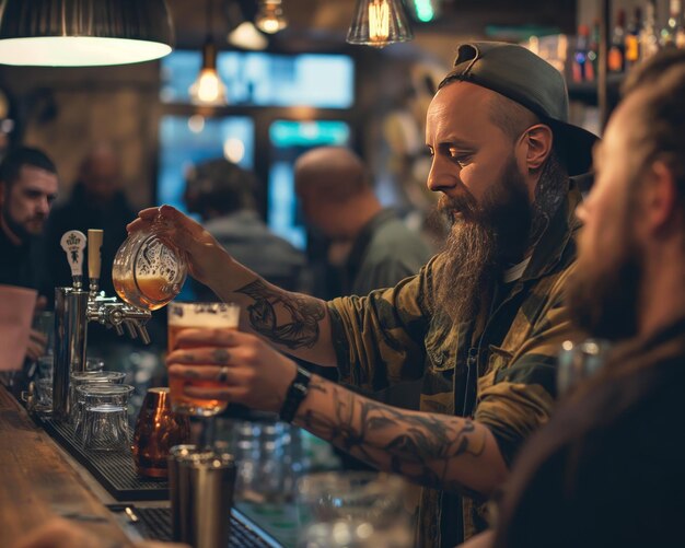 Foto el camarero vierte cerveza en el bar para los visitantes