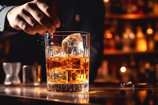 El camarero vierte whisky en un vaso con hielo en el mostrador del bar. Fondo borroso. Bebida alcohólica de élite.