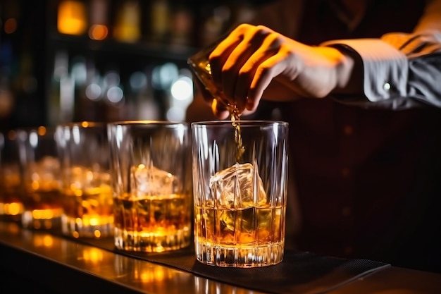 El camarero vierte whisky en un vaso con hielo en el mostrador del bar. Fondo borroso. Bebida alcohólica de élite.