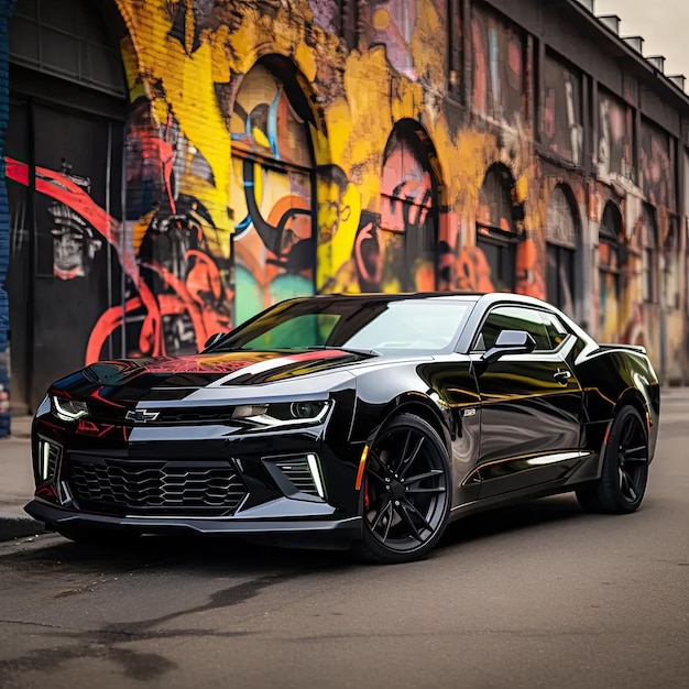 Un camaro Chevrolet negro estacionado frente a un edificio cubierto de graffiti