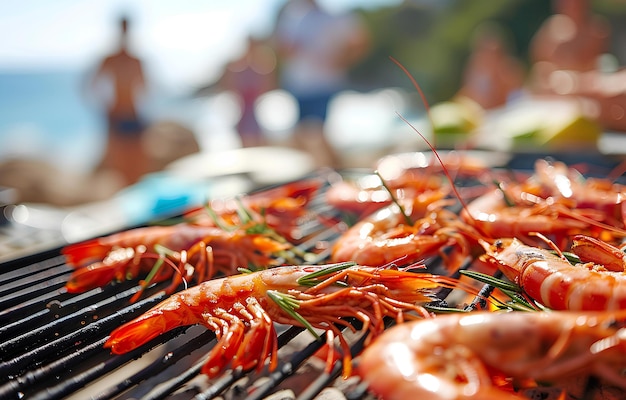 camarões de churrasco na grelha em pessoas festa à beira-mar backg desfocado