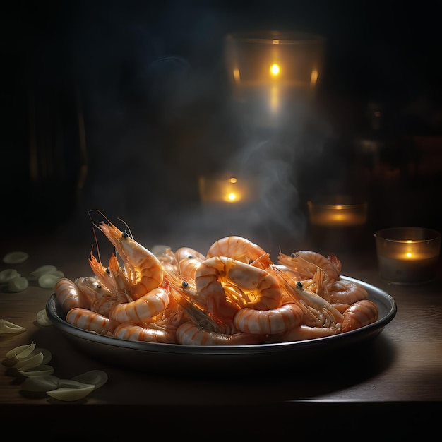 camarões estão em um prato com uma vela no fundo