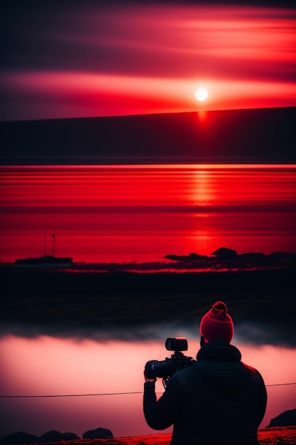 Un camarógrafo con una cámara mira hacia un cielo siniestro rojo