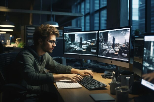 Foto camarógrafo enfocado editando películas en una computadora profesional sentado en el escritorio de la oficina de negocios