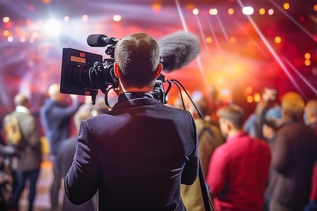 Foto el camarógrafo está filmando un programa de entretenimiento en el set.