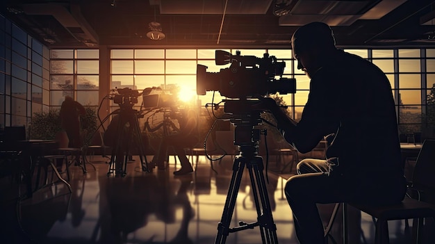 Camarógrafo operando equipo de video en interiores silueta en una sala de reuniones