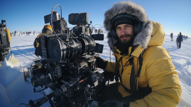 Un camarógrafo profesional con una videocámara en el fondo del paisaje invernal del Polo Norte