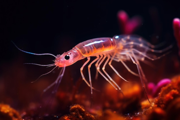 Un camarón en el coral de primer plano