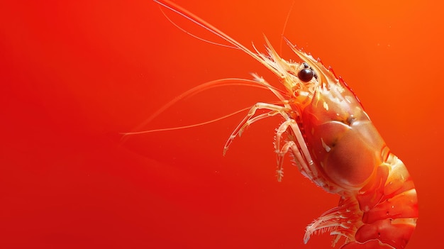Un camarón naranja vibrante nadando contra un fondo rojo sólido