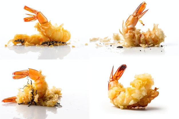 Camarón Tempura aislado Mariscos crujientes Comida grasa Mariscos bocadillo frito coctel camarones tostados fritos Camarones Tempura en fondo blanco Ilustración generativa de IA abstracta