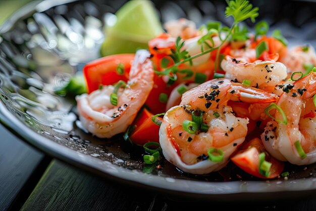 Foto camarón con tomates y pepino en un plato