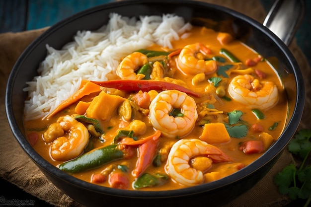 Camarones al curry con arroz y verduras photo