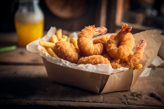 Camarones empanizados fritos en una mesa de madera rústica Delicioso marisco AI generado