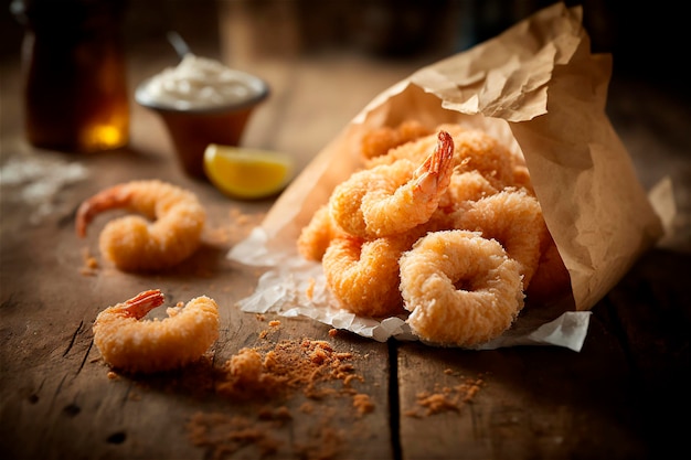 Camarones empanizados fritos en una mesa de madera rústica Delicioso marisco AI generado