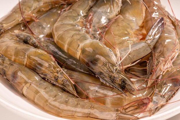 Camarones frescos o gambas en un plato blanco Langostinos crudos sobre fondo de madera Mariscos frescos listos para cocinar