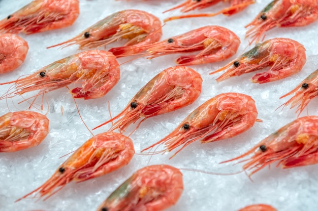 Camarones hervidos congelados yacen sobre migajas de hielo