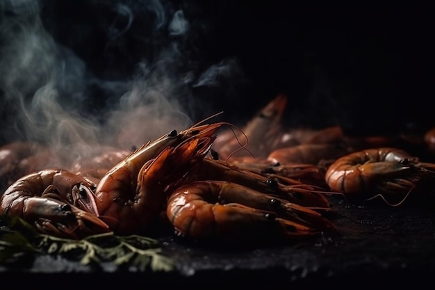 Camarones a la parrilla fondo oscuro fuego humo IA generativa