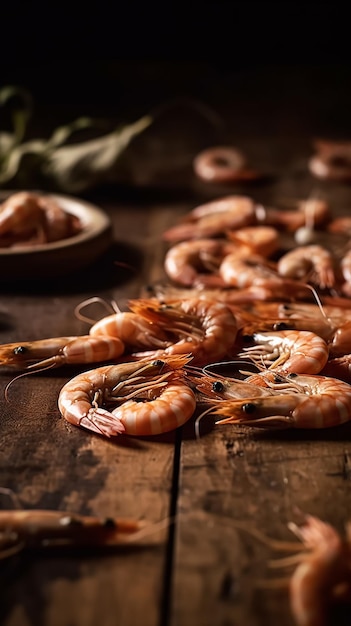 Camarones sobre una mesa de madera con un plato de camarones sobre la mesa