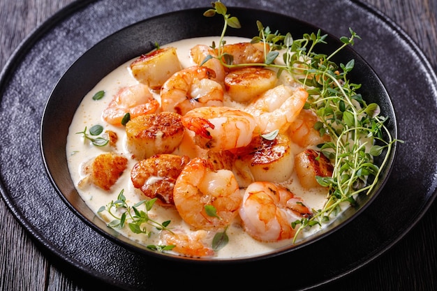 camarones y vieiras en salsa picante de crema de coco
