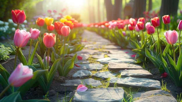 Camas de flores de tulipas coloridas e caminho de pedra num jardim formal de primavera