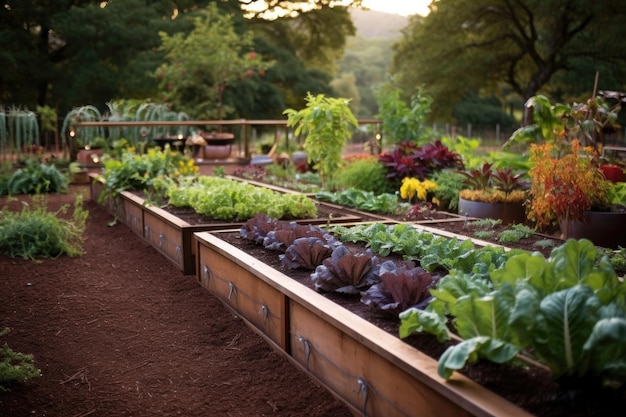 Camas de jardim elevadas com várias plantas comestíveis