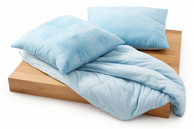 Foto camas de madeira com cobertor e travesseiros isolados em branco
