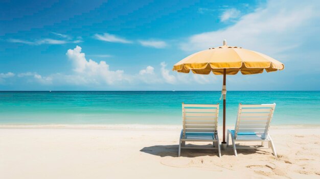 Camas de sol com um guarda-chuva e uma praia de areia uma praia tropical com areia branca e água turquesa