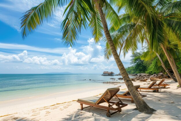 Camas de sol sob palmeiras tropicais na praia da ilha de Phu Quoc, no Vietname