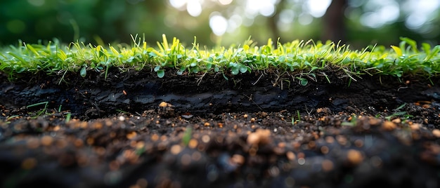 Foto camas de solo e raízes reveladas em seção transversal de grama verde conceito camadas de solo sistema de raízes de grama transversal exploração do solo