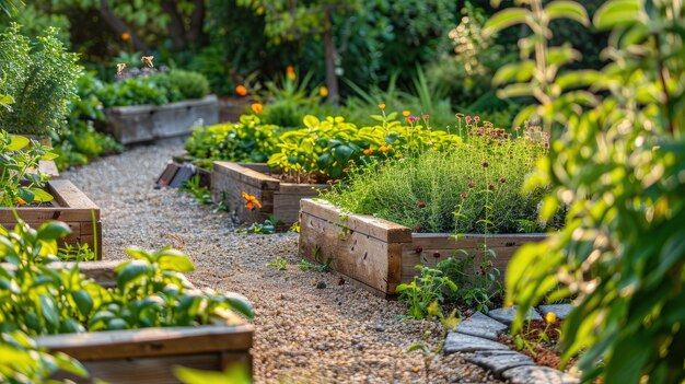 Camas elevadas de madera cuidadosamente dispuestas con filas de hierbas aromáticas