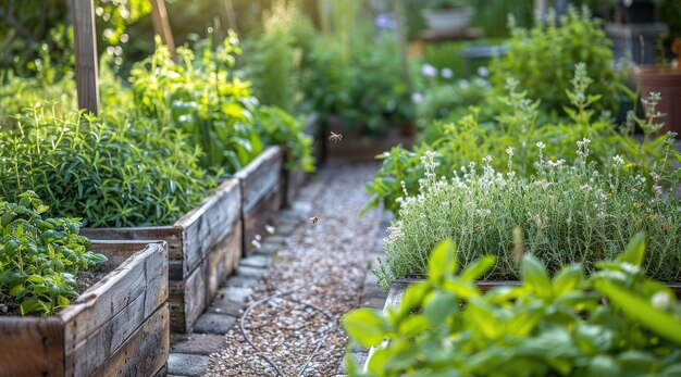 Camas elevadas de madera cuidadosamente dispuestas con filas de hierbas aromáticas