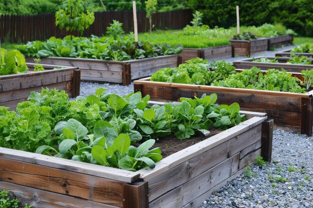 Camas de jardín elevadas llenas de verduras prósperas en el patio trasero