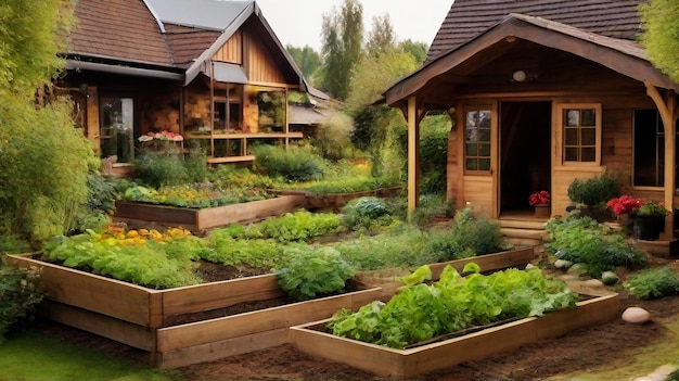 Camas de madera en jardines modernos que cultivan plantas, hierbas, especias, verduras y flores cerca de un jardín de madera