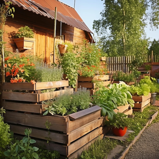 Camas de madera en jardines modernos que cultivan plantas hierbas especias verduras IA generativa